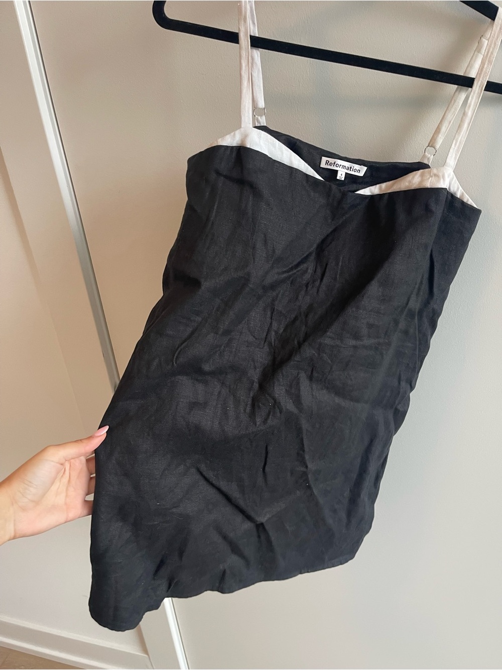Reformation Black Slip Mini Dress with White Trim Linen - Picture 4 of 6